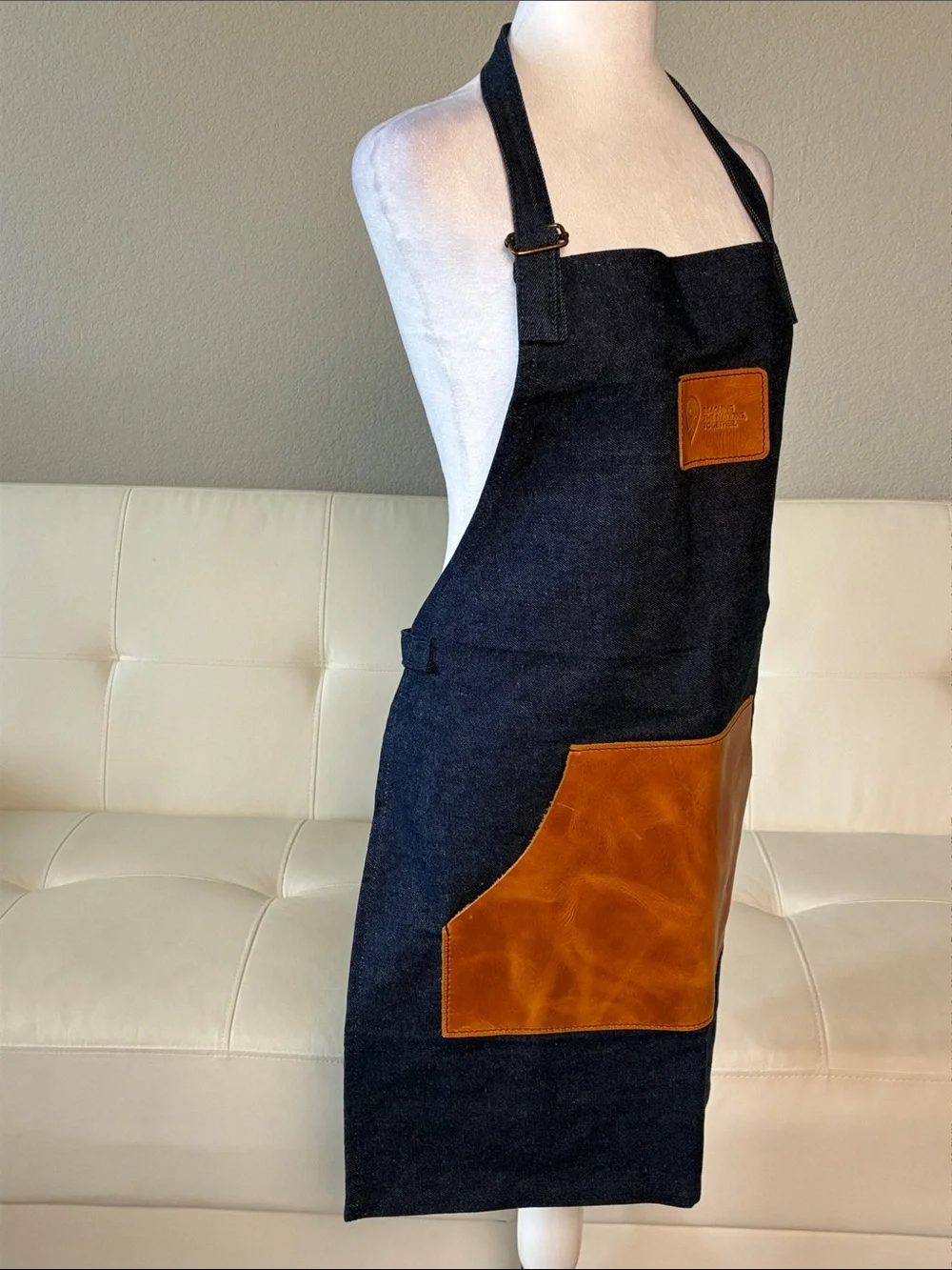 Premium Denim Apron with Brown Leather Pocket - Picture 6 of 11